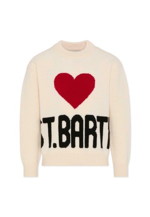 Pull en tricot crème avec un grand cœur rouge et le texte noir "ST.BARTS" sur le devant, col rond et poignets et ourlet côtelés.