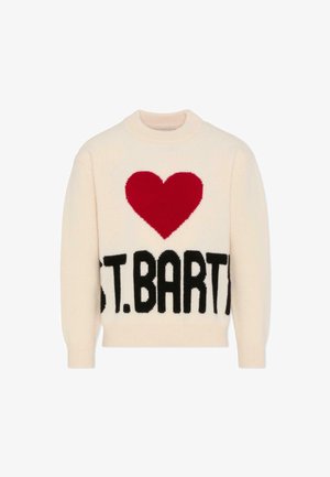 Maglione lavorato a maglia in crema con un grande cuore rosso e testo nero "ST.BARTS" sulla parte anteriore, colletto rotondo e polsini e orlo a costine.