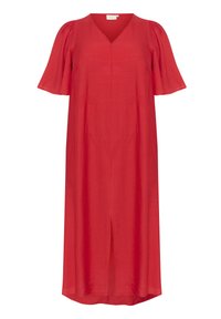 Vestito rosso a maniche corte con scollo a V, realizzato in materiale leggero. Presenta una linea dritta, una texture morbida e uno spacco frontale.