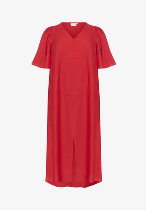 Rode jurk met korte mouwen en V-hals, gemaakt van lichtgewicht materiaal. Heeft een rechte snit, een zachte textuur en een vooruitsnede.