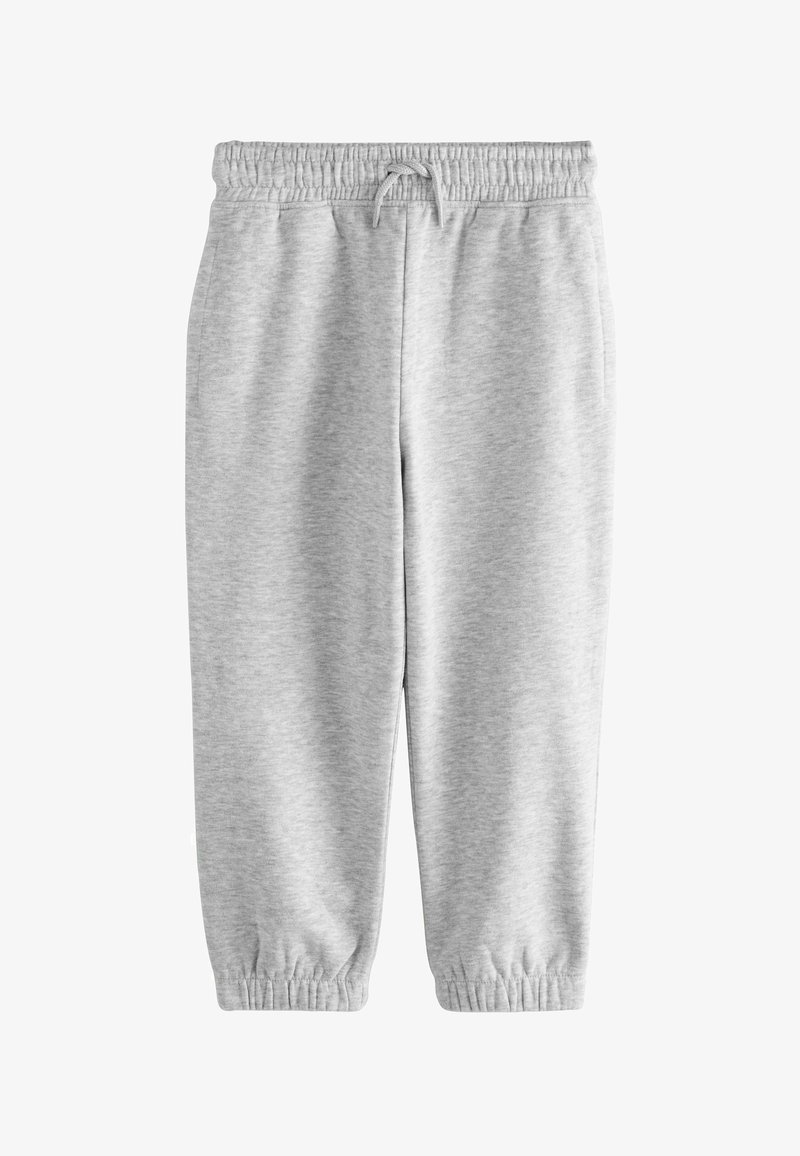 Graue Jogginghosen aus weichem Stoff. Mit elastischem Bund und Zugband, schmal zulaufenden Beinen und gerippten Knöcheln. Minimalistisches Design.