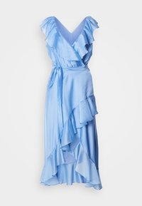 Light blue wrap dress with ruffled sleeves and hem. Made of smooth fabric, features a tie belt at the waist for adjustable fit.