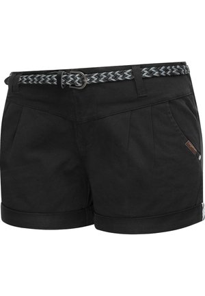 Schwarze lässige Shorts mit umgeschlagenen Säumen, vorderen Falten, Seitentaschen und einem gewebten grau-schwarzen Gürtel mit Metallschnalle.