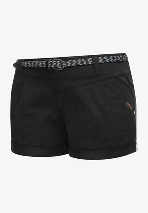 Sorte afslappede shorts med opbukket kant, frontplisser, sidelommer og et vævet gråt og sort bælte med spænde i metal.