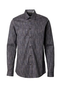 Mørkeblå skjorte med knapper, med et geometrisk mønster i beige og lyseblå. Den har krage og lange ermer, laget av lett stoff.