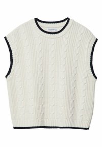 Pull sans manches en tricot crème avec des motifs torsadés. Encolure ras-du-cou côtelée et ourlet avec une bordure contrastante bleu marine aux extrémités.
