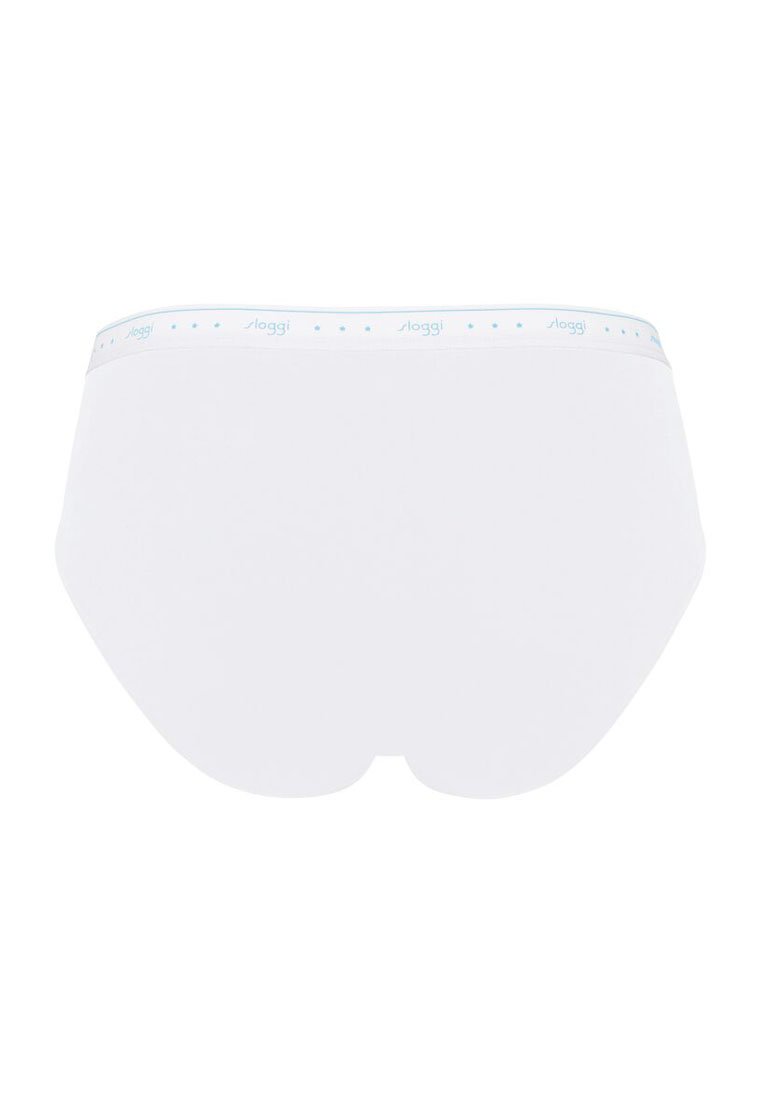Sous-vêtements blancs de style brief avec une texture lisse et une ceinture élastique ornée d'un logo bleu clair et de petits points le long du haut.