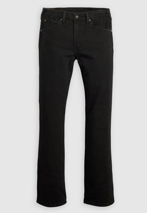 Svarte denimjeans med rett ben, fem lommer, kobberdetaljer og beltehemper. Enkelt stoff uten mønster.