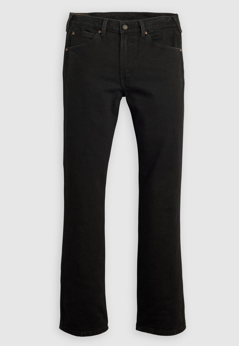 Jeans in denim nero con design a gamba dritta, cinque tasche, dettagli in rame e passanti per cintura. Tessuto semplice senza motivi.