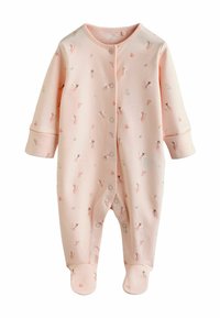 Lyserød bomulds babybody med lange ærmer og fødder, med blomsterprint og trykknapper foran som lukning.