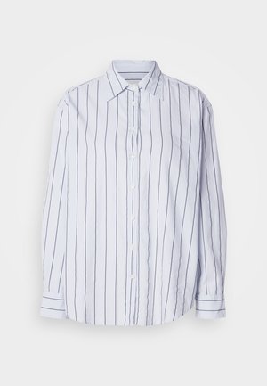 White shirt with narrow navy vertical stripes, button front, point collar, long sleeves with buttoned cuffs, soft fabric, relaxed fit.