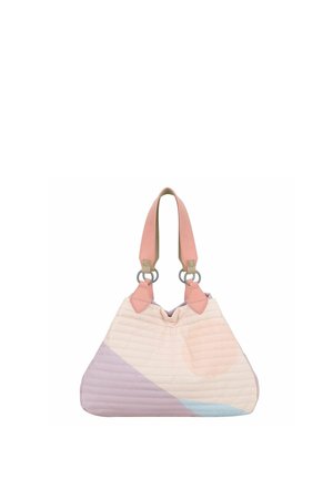 Borsa dai colori pastello soft con manici rosa pallido, trapuntatura orizzontale e un blocco di colore triangolare in lilla chiaro e blu sulla parte anteriore.