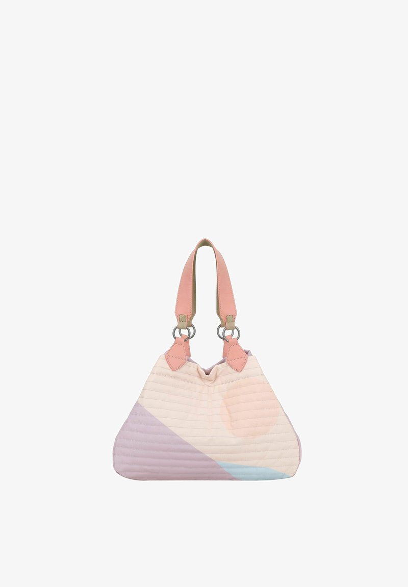 Sac à main aux couleurs pastel douces avec des anses rose pâle, un matelassage horizontal et un bloc de couleur triangulaire en violet clair et bleu sur le devant.