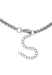 Collana in metallo argentato con chiusura e una piccola estensione a catena. Le maglie sono rotonde e lucide, con una texture liscia e riflettente.