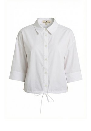 Witte, cropped blouse met knoopjes, driekwart mouwen, kraag en een trekkoord aan de zoom.
