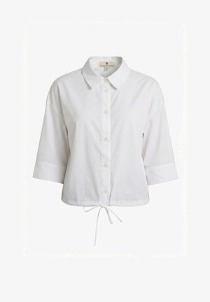Witte, cropped blouse met knoopjes, driekwart mouwen, kraag en een trekkoord aan de zoom.