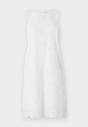White sleeveless dress featuring eyelet embroidery with a scalloped hem, a round neckline, and a relaxed silhouette.