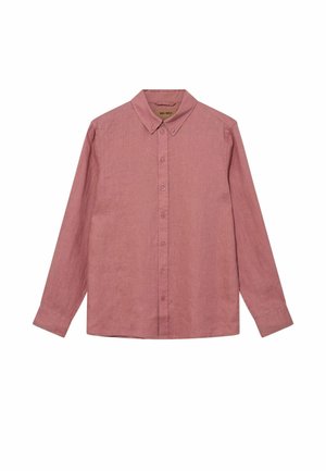 Langærmet skjorte med knapper i falmet rosafarve med krave med knaplukning og et ensfarvet, tekstureret stof.
