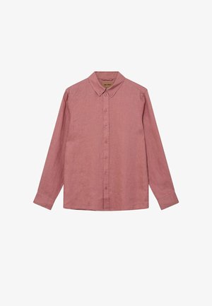 Langærmet skjorte med knapper i falmet rosafarve med krave med knaplukning og et ensfarvet, tekstureret stof.