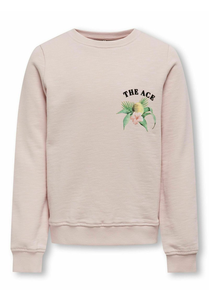 Sudadera rosa claro con cuello y puños acanalados, que presenta un diseño floral con "THE ACE" impreso encima. Textura suave.