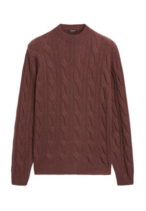 Svetr s kabelovým pletením v tmavě hnědé vlně. Má kulatý výstřih, pružné manžety a lem. Texturovaný vzor s vlnitými designy po celém povrchu.