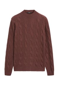 Pull en laine brun foncé à tricot torsadé. Il dispose d'un col rond, de poignets et d'un ourlet côtelés. Motif texturé avec des designs ondulés tout au long.