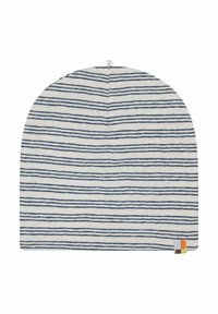 Berretto a strisce in morbido tessuto, con linee orizzontali blu navy e bianco sporco. Forma arrotondata con una piccola etichetta nell'angolo inferiore.