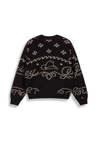 Schwarzer Strickpullover mit einem cremefarbenen Muster, das Spiralen und die Silhouette eines Cowboyhuts enthält, mit einem gerippten Saum und Bündchen.
