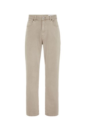 Licht beige spijkerbroek met een recht aansluiten ontwerp, vijf zakken, en een knoopsluiting. Gladde textuur en minimale stikdetails.