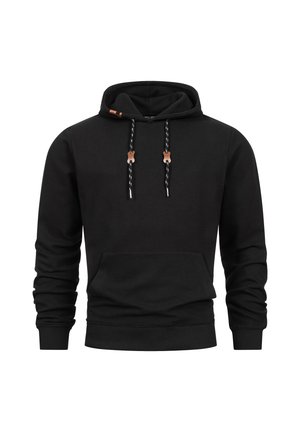 Czarna bluza z kapturem wykonana z prążkowanej tkaniny, z kieszenią kangurkową, regulowanymi sznurkami z metalowymi końcówkami oraz prążkowanymi mankietami i dołem.