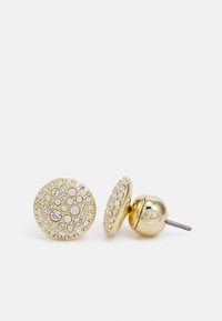 Gullfargede studøredobber med en rund design prydet med flere klare rhinestone i ulike størrelser for ekstra tekstur og glans.