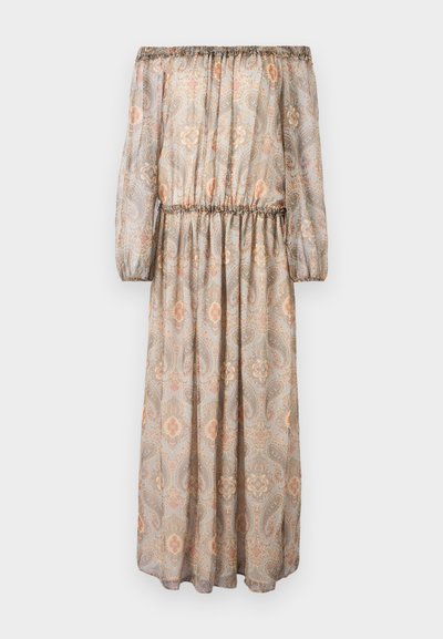Rochie off-the-shoulder dintr-un material ușor și transparent, cu un model paisley în nuanțe de bej, portocaliu și albastru, cu talie elastică și mâneci bufante.