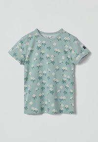 Lichtgroene katoen t-shirt met een bloemenprint van witte bloemen en groene bladeren. Heeft een regular fit en ronde halslijn.