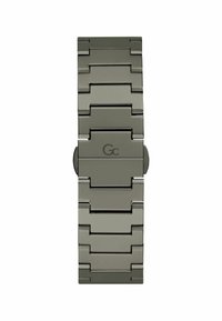 Banda de reloj de metal en gris oscuro con eslabones entrelazados. Presenta un cierre con la letra "G" grabada, que muestra un diseño elegante y moderno.