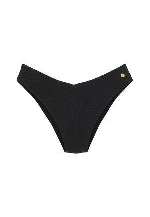 Schwarzer Bikiniunterteil mit einem auf dem Stoff eingeprägten Blattmuster. Verfügt über ein hohes Schnittdesign und ein kleines goldenes Logo-Detail in der Nähe des Taillenbunds.