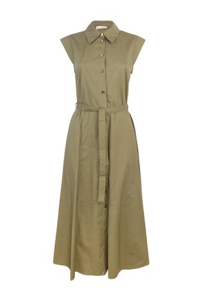 Olive green sleeveless shirt dress with a button-down front, collar, and matching belt at the waist. Features a flared skirt and smooth fabric.