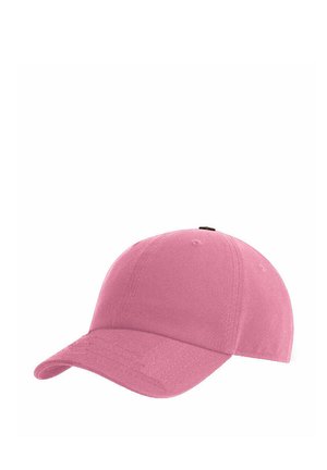Rosa Baseballkappe mit gebogenem Schirm aus Stoff, vor weißem Hintergrund dargestellt.