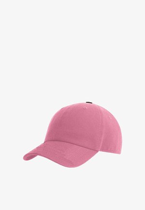 Pink baseball cap with curved brim made of fabric, shown against a white background.