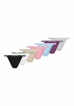 Sept paires de sous-vêtements pour femmes en noir, blanc, beige, rose, bleu clair, violet et gris, chacune avec une ceinture marquée.