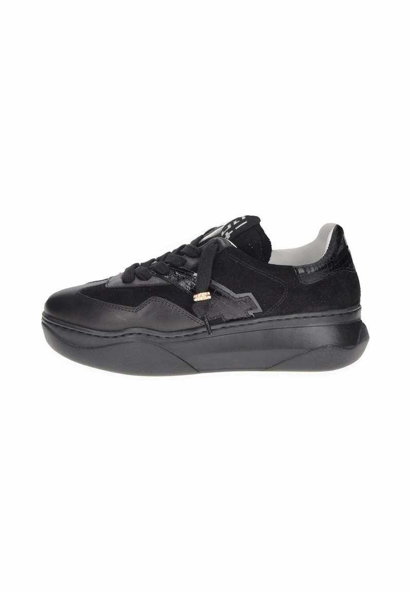 Sneaker neri con una combinazione di pelle liscia e suede, forma rotonda, suola spessa e accenti sottili con dettagli sui lacci e sul logo.