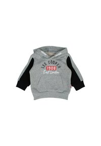 Sweat à capuche gris avec manches noires, doté d'une poche avant. "Lee Cooper 1908 East London" imprimé en caractères gras et couleurs contrastantes. Matière en mélange de coton.