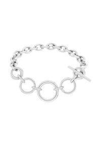 Zilveren metalen armband met in elkaar grijpende schakels en ronde accenten. Voorzien van een toggle-sluiting voor een veilige sluiting.