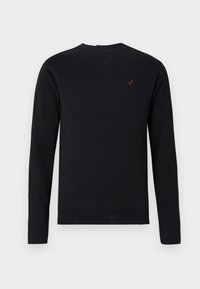 Μαύρο φούτερ από βαμβάκι με μακρυά μανίκια, στρογγυλή λαιμόκοψη, ριμπ μανσέτες και μικρό κόκκινο λογότυπο πουλιού στο στήθος.