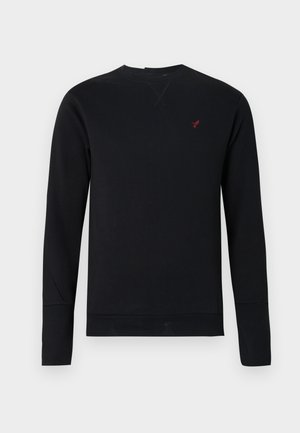 Czarna bluza bawełniana z długimi rękawami, okrągłym dekoltem, ściągaczami na mankietach oraz małym czerwonym logo ptaka na piersi.