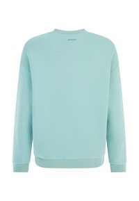 Svetlomodrá mikina s dlhými rukávmi, rebrovanými manžetami a spodným lemom, zobrazená zozadu s logom "protest" blízko goliera.