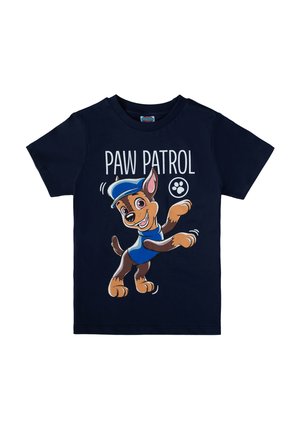 Navyblaues T-Shirt mit kurzen Ärmeln aus Baumwolle, das eine Grafik eines Cartoon-Hundes in einer blauen Uniform zeigt, mit dem Text "PAW PATROL".