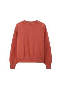 Sweatshirt long à manches rustique de couleur rouille avec des poignets côtelés, une ceinture et un col rond, présenté de dos sur fond blanc.