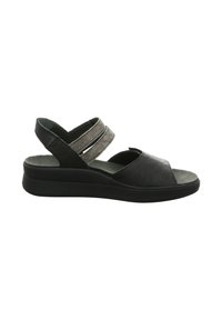 Black open-toe sandal with cushioned sole, two gray adjustable straps, and back strap for ankle support, shown against white background.