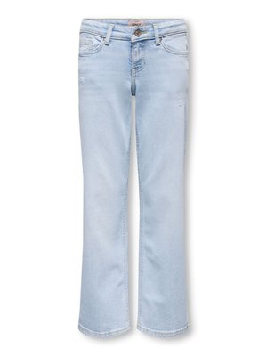 Jasnoniebieskie jeansy z denimu ze średnim stanem, w stylu pięciu kieszeni, z lekkim przetarciem i prostą nogawką.