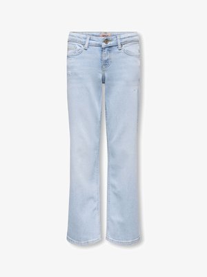 Jean en denim bleu clair avec taille mi-haute, style cinq poches, légère décoloration et coupe droite.